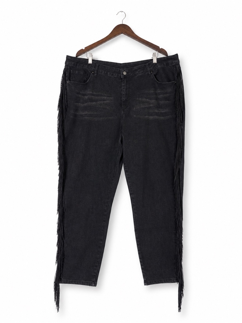 Black Fringe Side Cropped Jeans 4XL Plus Size Boho Western Festival Denim